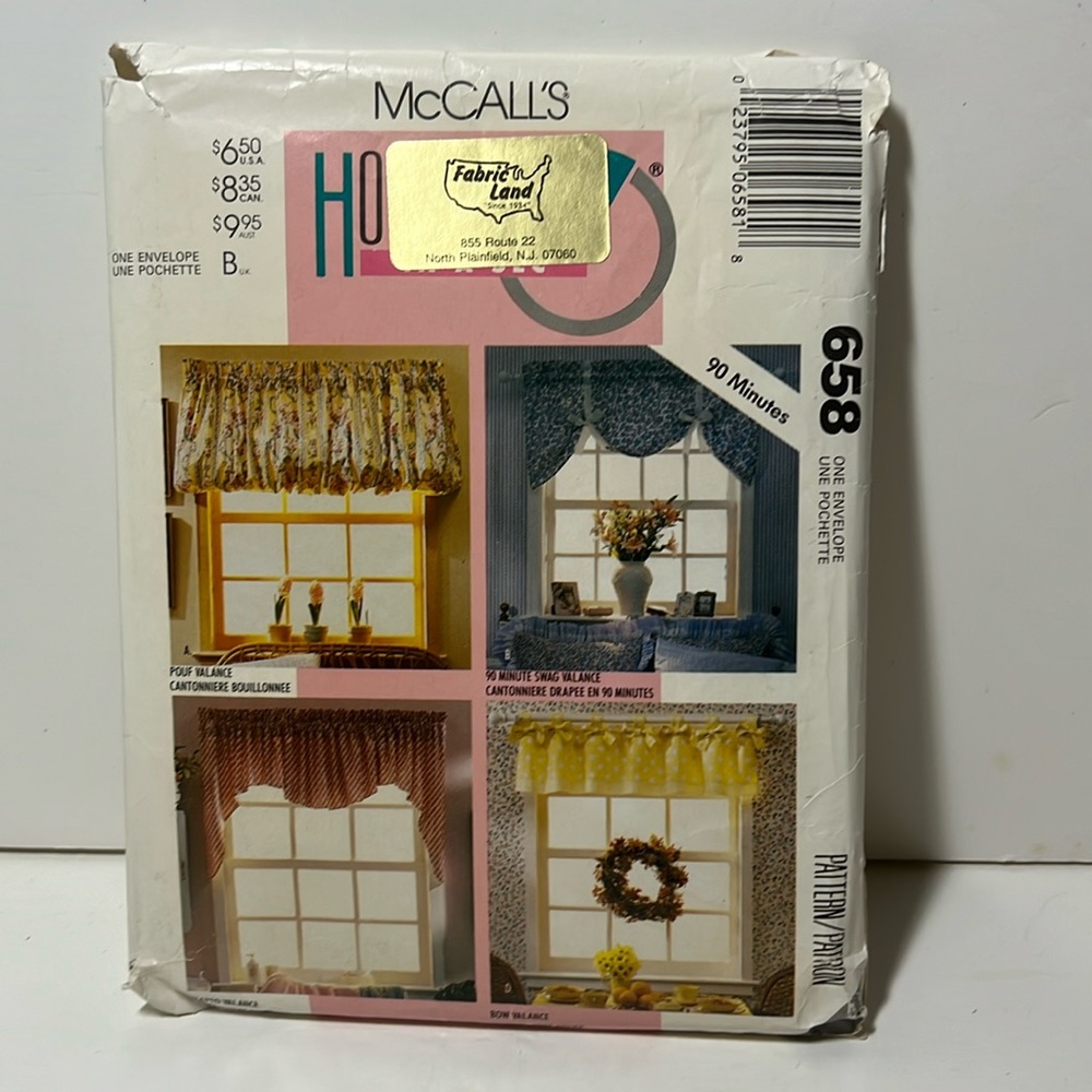 MCCall’s window treatment sewing patterns Valence 658